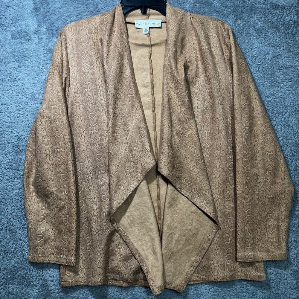 Fate + Fortune Draped Jacket Womens M Tan Snakeskin Open Front Faux Suede FF2008